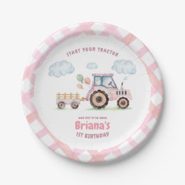 Pink Farm Tractor Girl Any Age Birthday ペーパープレート
