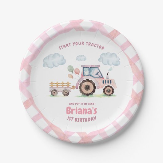 Pink Farm Tractor Girl Any Age Birthday ペーパープレート (正面)