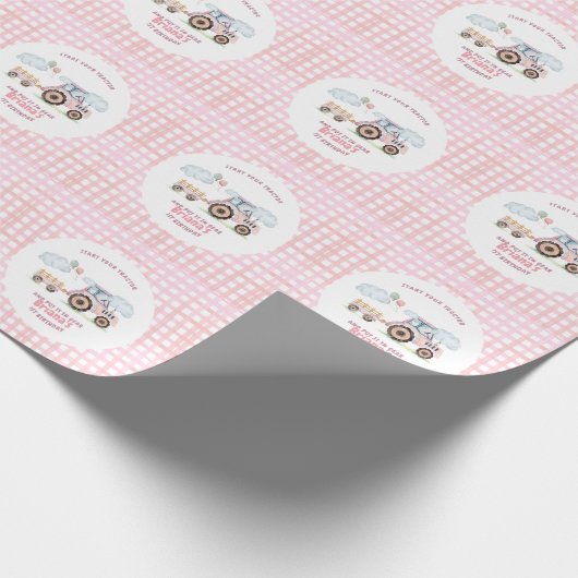 Pink Farm Tractor Girl Any Age Birthday ラッピングペーパー (角)