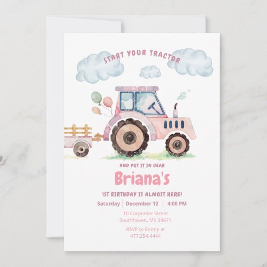 Pink Farm Tractor Girl Any Age Birthday Invitation 招待状 (正面)