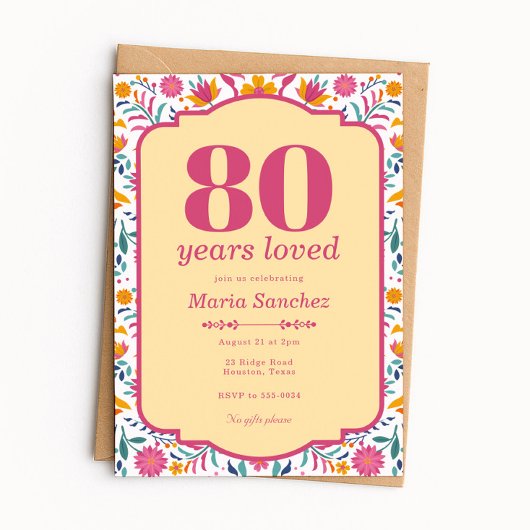 Pink Fiesta 80 Years Loved Birthday Party 招待状