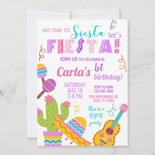 pink Fiesta girl birthday invitation, any age. 招待状 (正面)