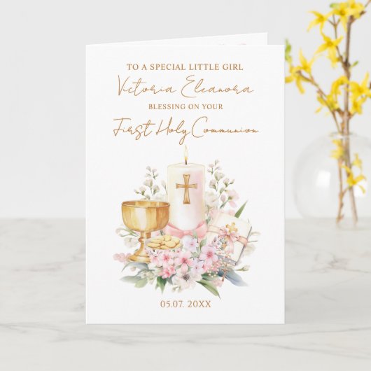 Pink First Holy Communion Chalice Candle カード (黄色い花)