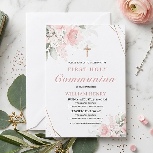 Pink First Holy Communion Invitation  招待状
