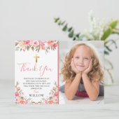 Pink First Holy Communion Photo Thank You サンキューカード (スタンド正面)