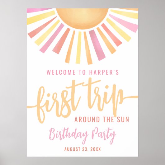 Pink First Trip Around The Sun 1st Birthday Sign ポスター (正面)
