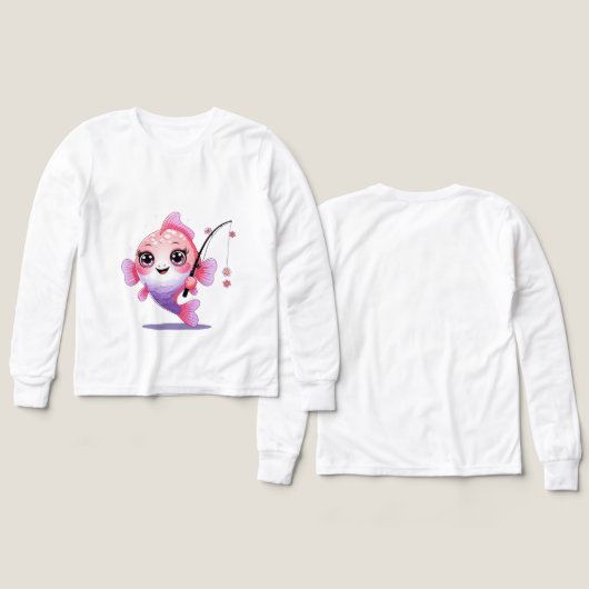 Pink Fishing Fish – Kids’ Long Sleeve Tee (デザイン 正面＆背面)