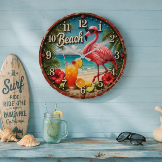 Pink Flamingo Beach ラージ壁時計