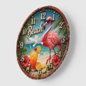 Pink Flamingo Beach ラージ壁時計 (傾斜)