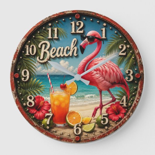 Pink Flamingo Beach ラージ壁時計 (正面)