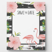 Pink Flamingo Black and White Stripe Save Date フォトプラーク (正面)