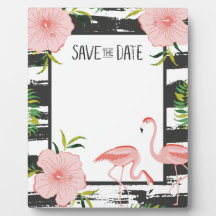 Pink Flamingo Black and White Stripe Save Date