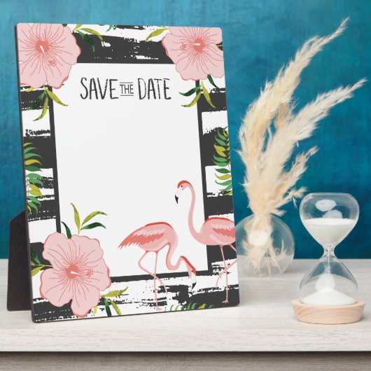 Pink Flamingo Black and White Stripe Save Date フォトプラーク (側面)