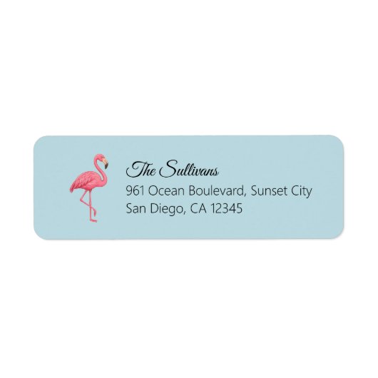 Pink Flamingo Blue Return Address ラベル (正面)