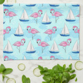 Pink Flamingo Blue Sailboat Tropical Nautical キッチンタオル (折り畳み)