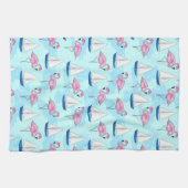 Pink Flamingo Blue Sailboat Tropical Nautical キッチンタオル (横)