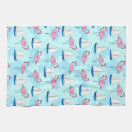 Pink Flamingo Blue Sailboat Tropical Nautical キッチンタオル
