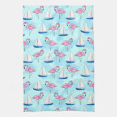 Pink Flamingo Blue Sailboat Tropical Nautical キッチンタオル (縦)