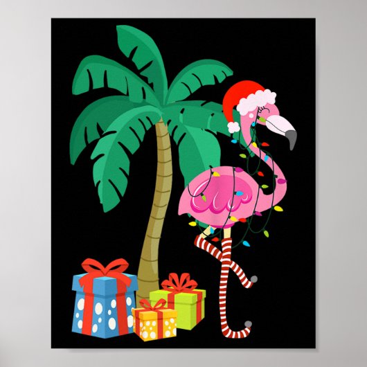 Pink Flamingo Christmas Palm Tree Tropical Xmas Fu ポスター (正面)
