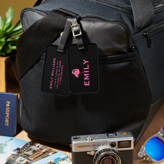 Pink Flamingo Custom text Black Paisley ラゲッジタグ (正面&裏面)