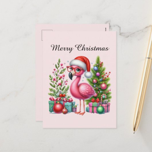 pink flamingo customizable Merry Christmas シーズンポストカード (正面/裏面インサイチュ)