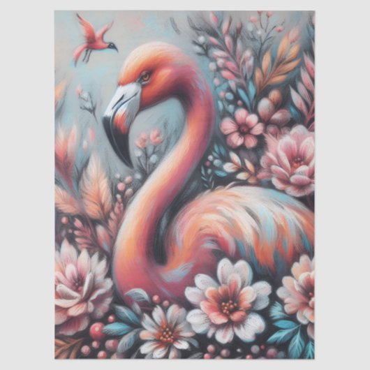 Pink Flamingo & Flowers Chalk Pastel Decoupage  薄葉紙 (正面)