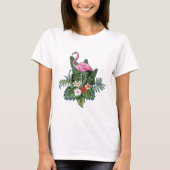 Pink flamingo, hand painted, green leaves, tシャツ (正面)