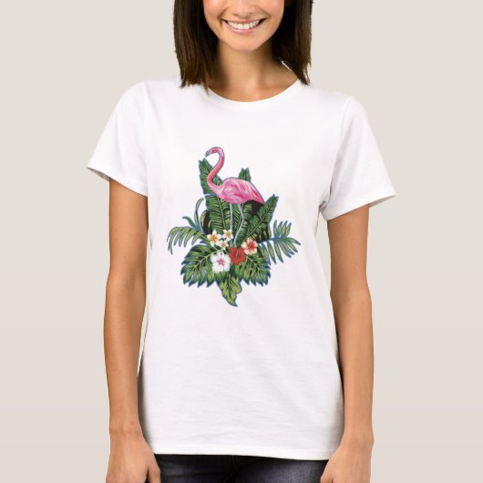 Pink flamingo, hand painted, green leaves, tシャツ (正面)
