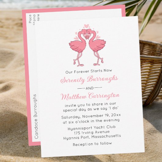 Pink Flamingo Hawaiian Tropical Beach Wedding インビテーションポストカード