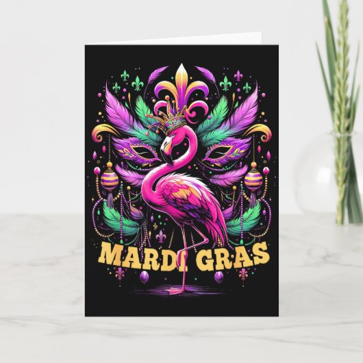 Pink Flamingo Mardi Gras Crown And Beads Mask Carn カード (正面)