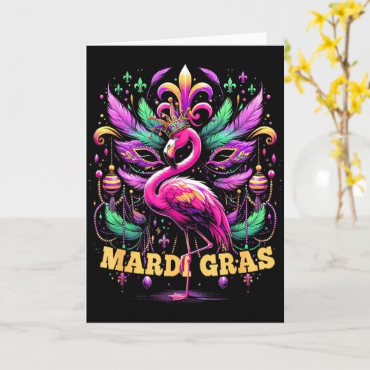 Pink Flamingo Mardi Gras Crown And Beads Mask Carn カード (黄色い花)