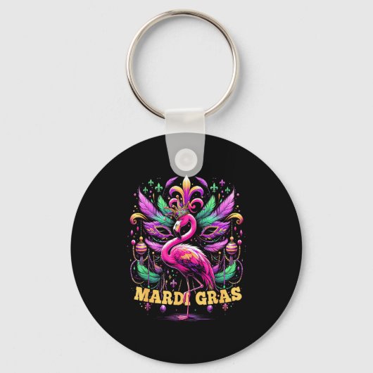Pink Flamingo Mardi Gras Crown And Beads Mask Carn キーホルダー (正面)