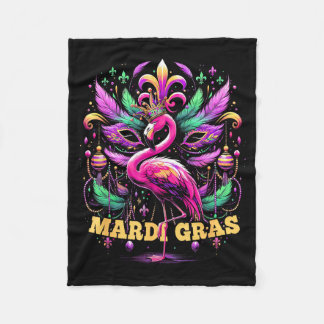 Pink Flamingo Mardi Gras Crown And Beads Mask Carn フリースブランケット