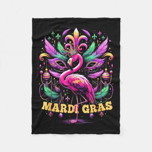 Pink Flamingo Mardi Gras Crown And Beads Mask Carn フリースブランケット (正面)