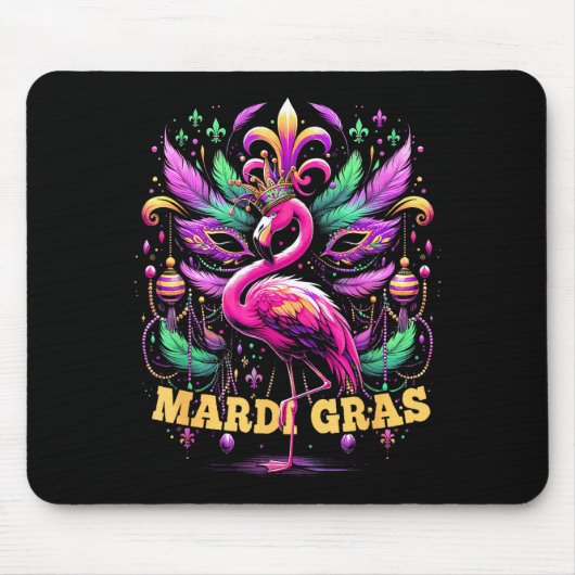 Pink Flamingo Mardi Gras Crown And Beads Mask Carn マウスパッド (正面)
