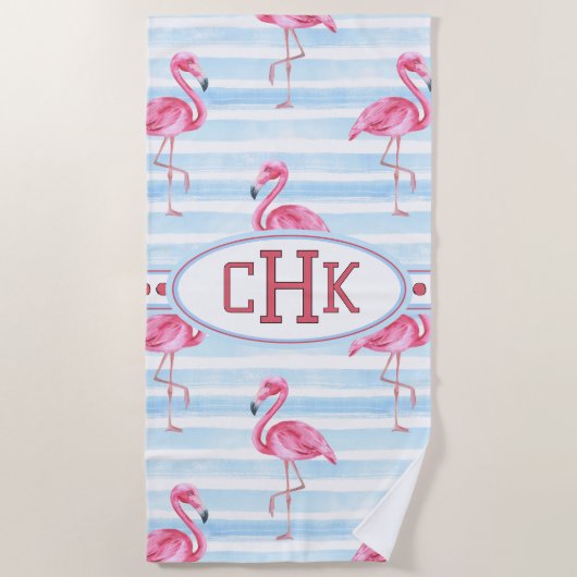 Pink Flamingo Monogram ビーチタオル (正面)