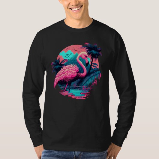 Pink Flamingo Retro Synthwave Pineapple Tropical S Tシャツ (正面)