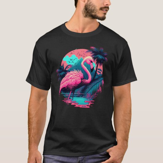 Pink Flamingo Retro Synthwave Pineapple Tropical S Tシャツ (正面)