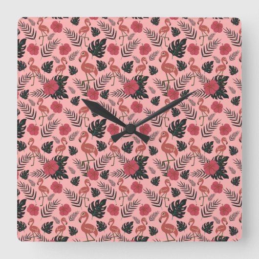 Pink flamingo seamless pattern flowers and leaves スクエア壁時計 (正面)