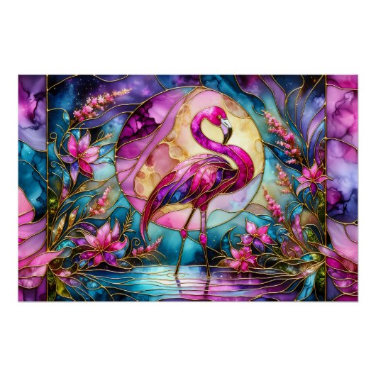 Pink Flamingo Stained Glass Mosaic ポスター (正面)