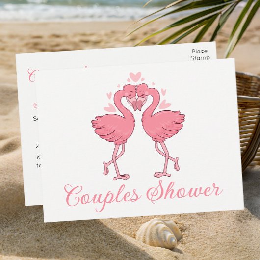 Pink Flamingo Tropical Beach Couples Bridal Shower インビテーションポストカード