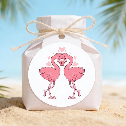 Pink Flamingo Tropical Hawaiian Beach Wedding ラウンドシール
