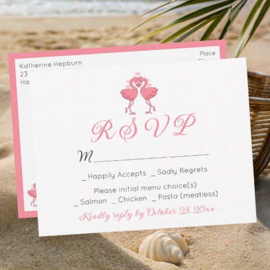 Pink Flamingo Tropical Hawaiian Beach Wedding RSVP ポストカード