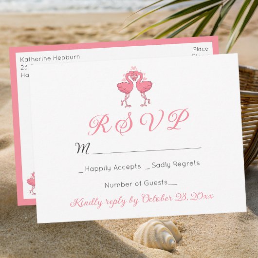 Pink Flamingo Tropical Hawaiian Beach Wedding RSVP ポストカード