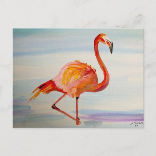 Pink Flamingo Watercolor Tropical Art ポストカード (正面)
