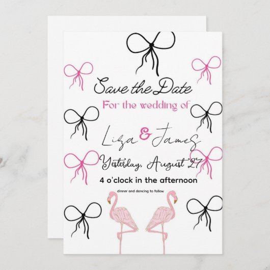 Pink Flamingo wedding Mr and Mrs  招待状 (正面/裏面)