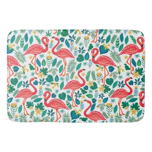 Pink Flamingos and Tropical Flowers Pattern バスマット (正面)