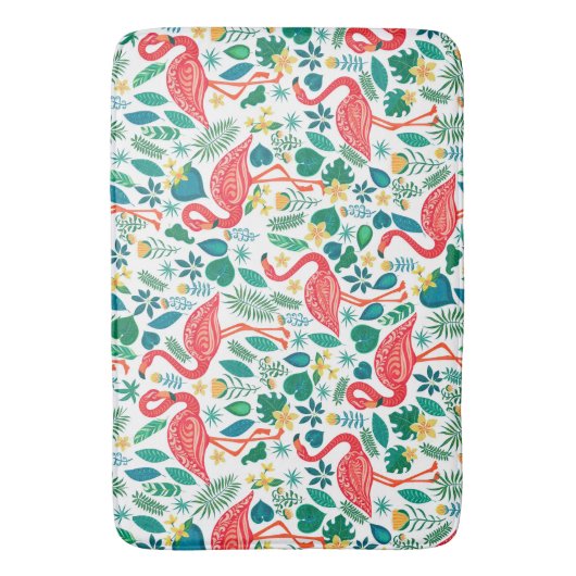 Pink Flamingos and Tropical Flowers Pattern バスマット (正面縦)