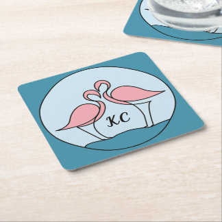 Pink Flamingos Monogram Art （写真） スクエアペーパーコースター