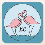 Pink Flamingos Monogram Art (写真) スクエアペーパーコースター (正面)